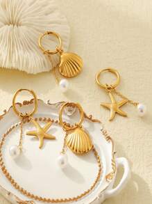 ZIRUISP 1pc Stainless Steel Gold-Color Earrings With Faux Pearl, Starfish, Seashell Decor, Beach Resort Style Jewelry For Women, Summer - Gold - View 6