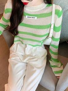 女士条纹长袖轻质针织防晒衬衫，高腰短款露腹上衣，夏季 - 綠色 - 查看 5