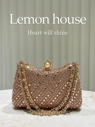 1 件香槟色闪亮水晶装饰手提包，优雅手拿包，适合晚会、婚礼、鸡尾酒会、正式场合