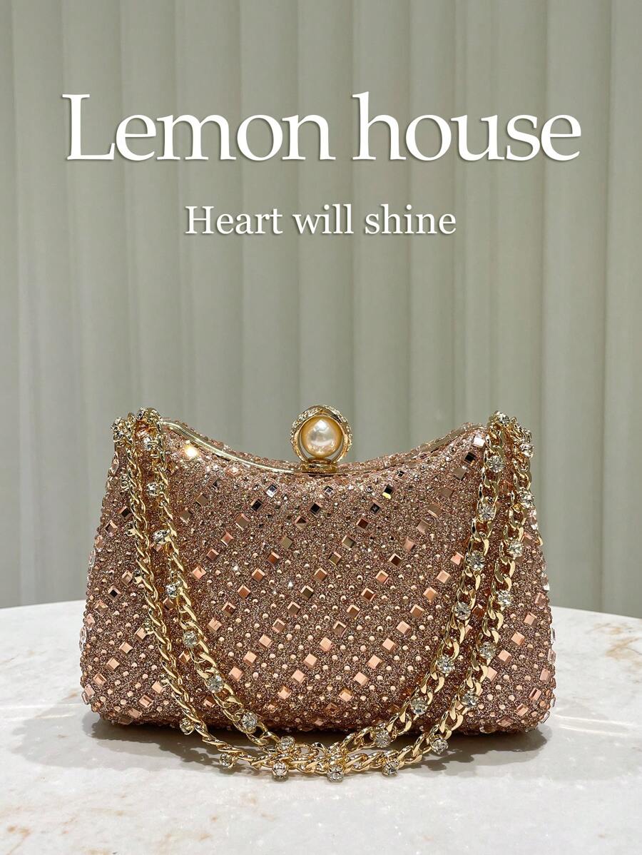1 buah Tas Tangan Berkilau Kristal Warna Champagne, Dompet Clutch Elegan Cocok untuk Pesta Malam, Pernikahan, Acara Koktail, dan Acara Formal