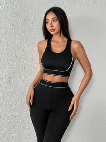 Set de 2 piezas con top corto sin espalda y mallas deportivas de cintura alta, conjunto casual de entrenamiento y acondicionamiento físico para exterior