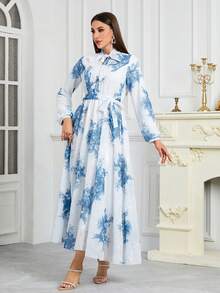 斋月新款时尚优雅立领系带腰部印花连衣裙，端庄