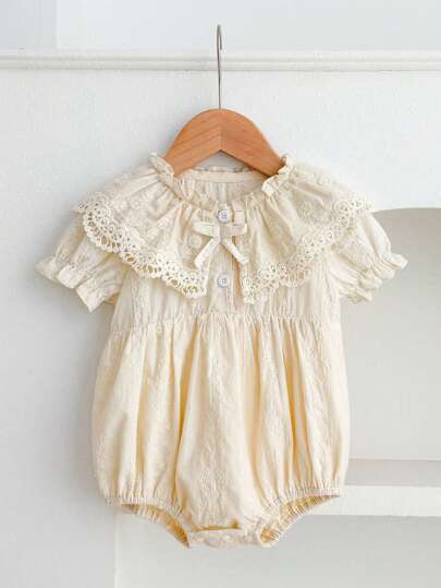 夏季新款女婴碎花蕾丝领薄款连体衣+内衬