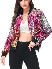 Womens Sequin Long Sleeve Front Zip Jacket With Ribbed Cuffs Bomber For Party - 五彩紙屑 - 查看 1