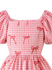 Vihyde 少女格子蝴蝶结印花泡泡袖度假风连衣裙 - 紅色 - 查看 5