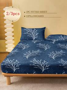 2/3pcs Navy Blue Leaf & Floral Pattern Bedding Set (Excluding Filler), Bedroom Fitted Sheet Set, Made Of Microfiber, Breathable & Comfortable, Includes 1 Mattress Cover And 1/2 Pillowcases, Available In Oversized, King, Queen, Twin Sizes, Deep Pocket Design Up To 11.8 Inches, Wrinkle-Resistant, Improves Sleep Quality, Machine Washable, Suitable For Dorms, Back To School Season, Etc. - Navy Blue - View 2
