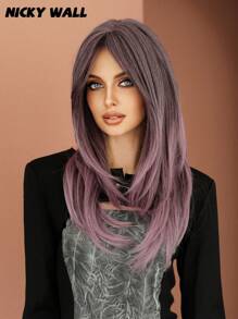 NICKY WALL Ombre Pink-Purple Wigs Long Straight Layered Wig With Curtain Bangs Soft Natural Looking High Density Wig Synthetic Heat Resistant Fiber Wigs For Women & Girls Daily Party Four Seasons Use