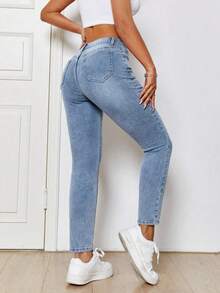 Pantalones de mezclilla elegantes, jeans y ropa de mujer Jeans ajustados de moda para mujer con tobillo elástico para uso diario - Gris Claro - Ver 3