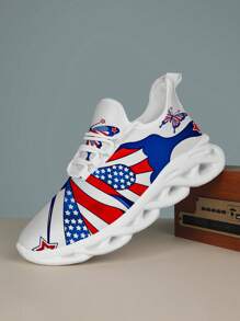 White Mesh Sports Sneakers With Round Toe American Flag Design, Casual Low-Top Men's Shoes, Wholesale - Red - View 3
