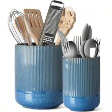 LE TAUCI Utensil Holder 7.3"+5.4" Ceramic Kitchen Utensil Holder For Countertop Large Cooking Utensil Crocks Gift For Mother's Day Costal Ocean Home Kitchen Decor Set Of 2 Glaze Marble Blue