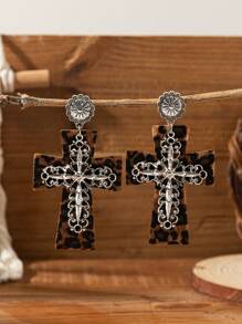 1 paire Boucles d'oreilles croisées en PU léopard/vache bohémien vintage, boucles d'oreilles pendantes de style occidental cow-girl en fer à cheval turquoise/imprimé zèbre