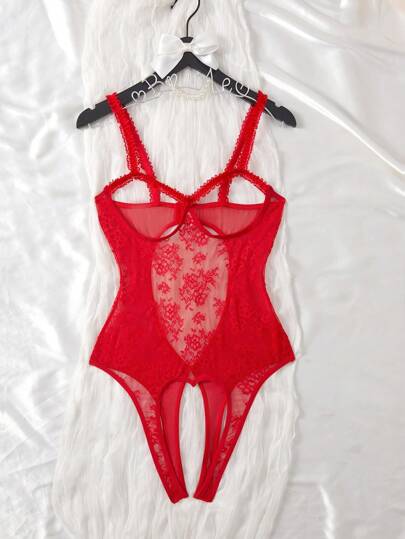 Sexy Summer Lingerie Set For Women, Solid Color Mesh Fishnet Print Hollow Out One-Piece Sleepwear With Open Crotch, Ruffle Spaghetti Strap Design
