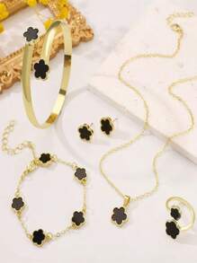 6 件/套女孩时尚首饰套装，带有幸运四叶草设计 - 项链、手链、手镯、戒指、耳环，是女孩的完美配饰 - 彩色 - 查看 3