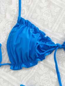 New Fashion Sexy Lace-Up Solid Color Triangle Bikini Swimwear - Blue - View 4
