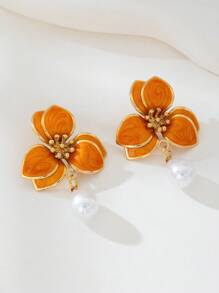 1 Pair Elegant Faux Pearl Flower Pendant Earrings, Romantic Gift For Women