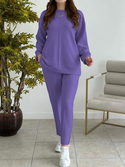 Women's Casual Solid Color Minimalist Crew Neck Long Sleeve Top, Paired With Women's Fashion Casual Solid Color Minimalist Crew Neck Long Sleeve Top, Suitable For Spring And Autumn, Lightweight, Slightly Stretchy, Soft Polyester Fabric.