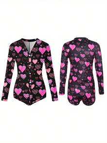 Womens Long Sleeve Valentine Day Jumpsuit Bodycon V Neck Heart Lip Print Button Down Short Romper Indoor Sleepwear
