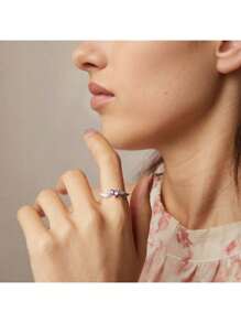 bamoer 1 件 925 纯银天使之翼戒指女士精美珠宝白色/粉色心形锆石永恒戒指结婚礼物