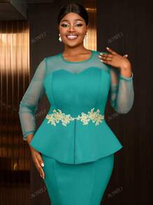 Plus Size Long Party Mermaid Dresses Sheer Mesh Sleeves Patchwork 3D Embroidered Lace Party Peplum Evening Birthday, Wedding Guest Dress, Formal Dress,Gown