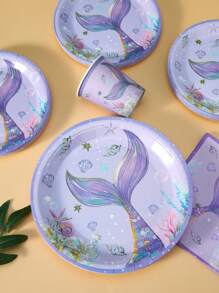 100/75/25/10pcs Purple Big Fish Tail Ocean Theme Disposable Plates, Napkins, Cups Set, Party Supplies, Suitable For 25 Guests, Disposable Paper Plates Party Tableware For Birthday, Wedding, Party, Family Picnic - Multicolor - View 5