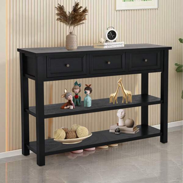 Wood Console Table With Drawers, Entryway Table Long Sofa Table With Storage Shelves For Living Room (Black+ White)