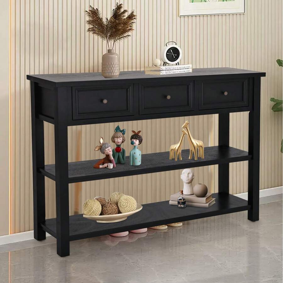 Wood Console Table With Drawers, Entryway Table Long Sofa Table With Storage Shelves For Living Room (Black+ White)