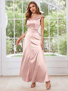 MUXXN Gaun Koktail Satin Leher V Vintage Era 1950-an - Baby Pink - View 5