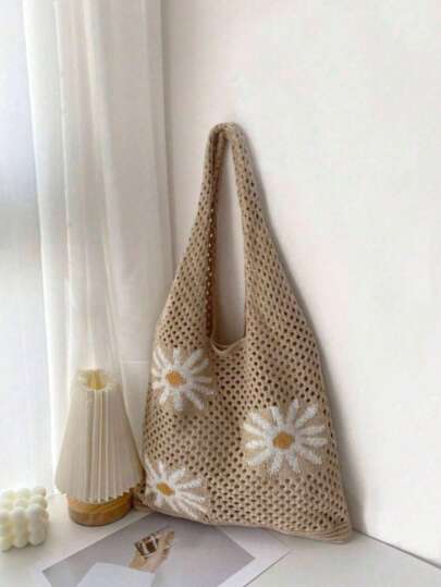 Borsa a rete a fiori di grande capacità - design alla moda Y2K, rivestimento in tessuto morbido, stampa a motivi, senza nappine, perfetta per le giornate in spiaggia e le uscite casual!