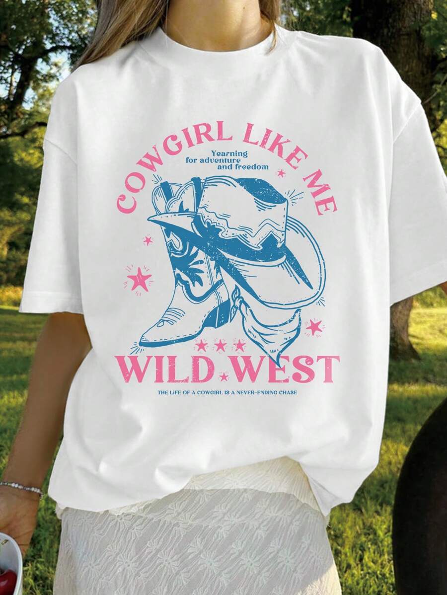 女式宽松白色西部牛仔印花 T 恤，复古美式风格，时尚百搭，户外休闲，青年文化