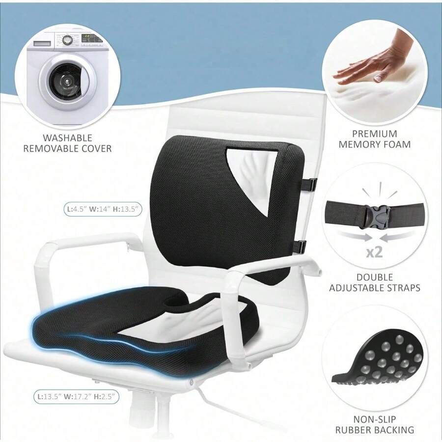 SASONITE – 2 In 1 – Back Support And Seat Cushion, Premium Adaptive Motion Memory Foam, Perfect Fit For Most Office Chairs And Car Seats, Ultimate Comfort And Support For Enhanced Focus And Productivity Throughout Your Day. - 2 件裝腰枕+座墊/全黑 - 查看 1