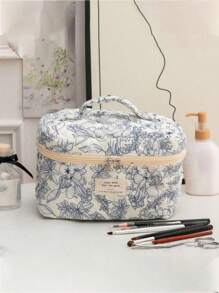 3pcs/1pc Ditsy Floral Quilted Canvas Cosmetic Bag, Large Capacity Portable Toiletry Bag, Travel Makeup Organizer Pouch