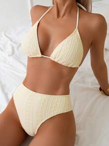 3pcs Lace Mesh Set - Halter Tie Up Ruched Mini Skirt For Beach, Holiday, Party, Camping, Bikini - Apricot - View 2