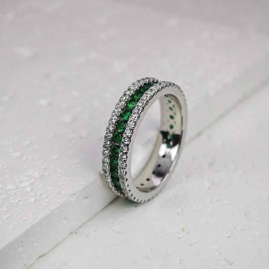 1 Pc 925 Sterling Silver Ring, Embedded With Multiple Green Zirconia Stones, Twisted Cord Design, Fashionable & Charming Men's/Wedding Ring, Suitable For Professional, Birthday, Holidays And Daily Use, 7g Silver Weight - Green - View 1