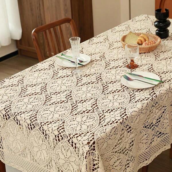 Classic Crochet Country Style Su Tablecloth, Beige Fresh Rectangular Tablecloth, Various Crochet Patterns To Choose From, Desktop, Wedding, Long Table, Dressing Table, Decorative Background Tablecloth, Piano And Refrigerator Cover Cloth