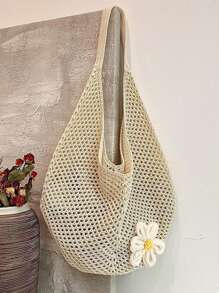 Yogodlns Hollow Out Weave Bag Bohemian Style Beach Handbag Hollow Tote Bag Large Capacity Slouchy Style Beach Bag Shopping Women Casual Beach Bag Large Capacity Crochet Flower Tote Bag Fashion Tote Handbags Outdoor Travel Bag, Perfectly Matching With Crochet Set, Vacation Essentials, Perfectly Matching With Beach Accessories Women, Hottest Beach Bags For Women, Beach Necessities, Beach Essentials, Beach Stuff & Summer Essentials, Newest Holiday Bag , Bohemian Outfit For Women ,Vacation Essentials , Beach Bag - Beige - View 2