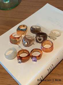 10pcs/Set Assorted Flower & Heart Shaped Resin Retro Rings, Unique Fashion Jewelry Rings For Women & Girls, Daily Wear