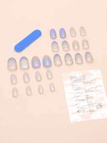 24 片中号椭圆形细闪星月法式甜美多功能温和假指甲用品套装适合女孩日常工作佩戴，1 个指甲锉，1 个果冻胶按压指甲 - 淡紫色 - 查看 2