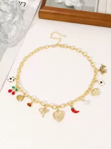 1 pièce Collier ras-du-cou avec pendentif charm de dopamine, cerise, cœur, étoile de mer, poivron, fausse perle, nœud papillon. Accessoire de bijouterie fantaisie pour femme, pour la fête et usage quotidien