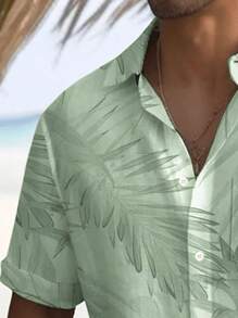 Camisa masculina vintage havaiana de manga curta, tamanho grande, folgada e leve, com estampa digital 3D de flores e folhas. - Verde - Ver 4