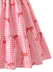 Vihyde 少女格子蝴蝶结印花泡泡袖度假风连衣裙 - 紅色 - 查看 6