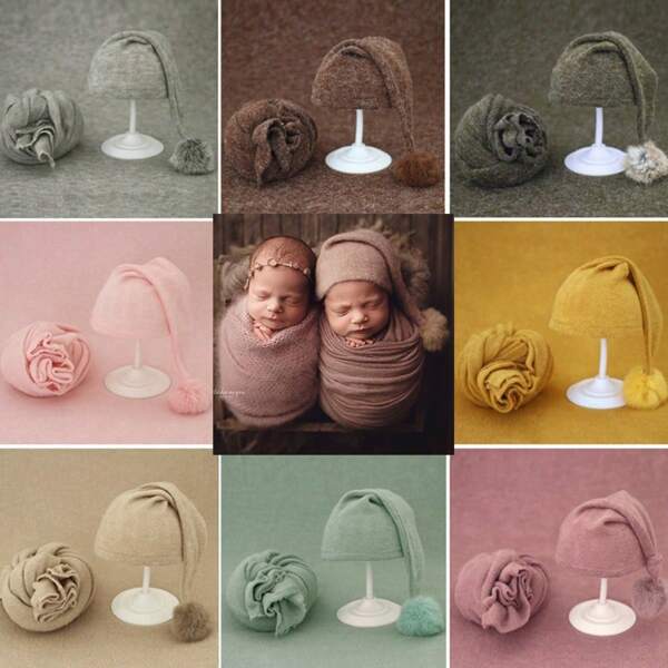 Pasgeboren fotografie-accessoires Babyjongensmeisjes Stretch gebreide wikkeldeken en lange staartmuts Accessoires Babyfoto-posesets