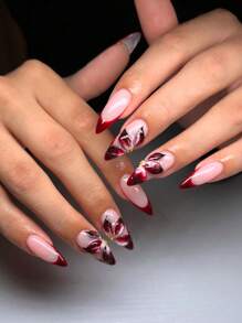 10片手工3D立体花朵杏仁形美甲贴片，红色，按压式美甲贴片，日常佩戴美甲配件，适合女性和女孩的美甲用品，手工按压式美甲贴片 - 彩色 - 查看 2