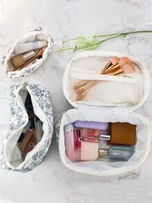 3pcs/1pc Ditsy Floral Quilted Canvas Cosmetic Bag, Large Capacity Portable Toiletry Bag, Travel Makeup Organizer Pouch