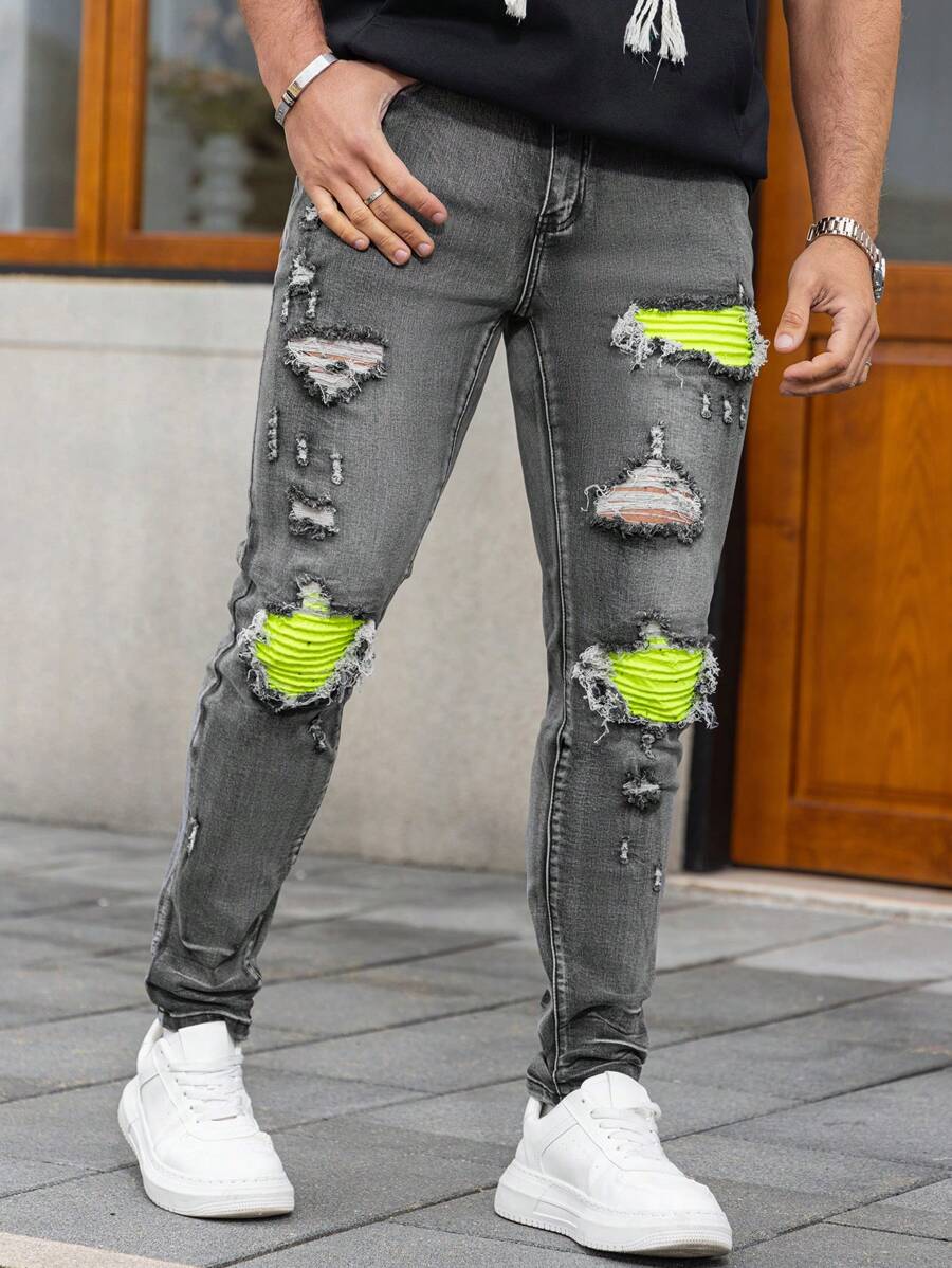 Modische Herren Streetwear gewaschene Flicken Grau Jeans, Jugendstil