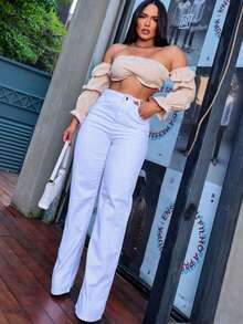 Pantalones de mezclilla de alta elasticidad para mujer con pierna ancha, color sólido, para todas las estaciones, con bolsillos, tejido básico - Blanco - Ver 2