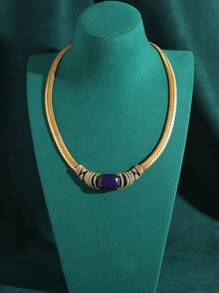 Vintage Kupfer-Optik 18K Geometrisch Quadratisch Natürlicher Lapislazuli Strass Schlangenknochen Halskette & Ohrring Schmuckset - Blau - Übersicht 3