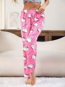 1pc Sanrio Character Series Fully Allover Print Hello Kitty Milk Silk Casual/Loungewear Pants, Cartoon Cat Loose Sleepwear Bottoms For Women - Hồng - Xem 14