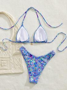New Soft Fabric Printed Halter Tie Bikini Set, Elegant Party Beach Fashion For Ladies