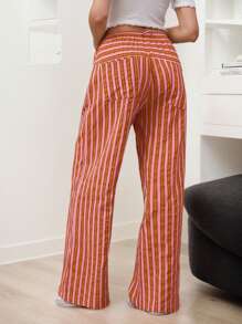 hoteel Women Casual Drawstring Stripe Wide Leg Trousers Lounge Pants With Pockets - 紅色 - 查看 2