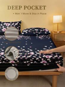 2/3pcs /Set Navy Blue Pink Branch Flower Pattern Fitted Sheet Set Without Filler, Fitted Sheet Set For Bedroom Brushed Microfiber Breathable Comfortable 1pc Mattress Cover With 1/2pcs Pillowcase, Bed Cover Set King Queen Full Twin Size Fitted Sheet Set For Bedroom Brushed Microfiber Breathable Comfortable Sheet Bedspread Deep Pocket Up To 11.8 Inch Breathable Wrinkle-Free Better For Sleep, Machine Washable Domitory Bedding Back School Bedding
